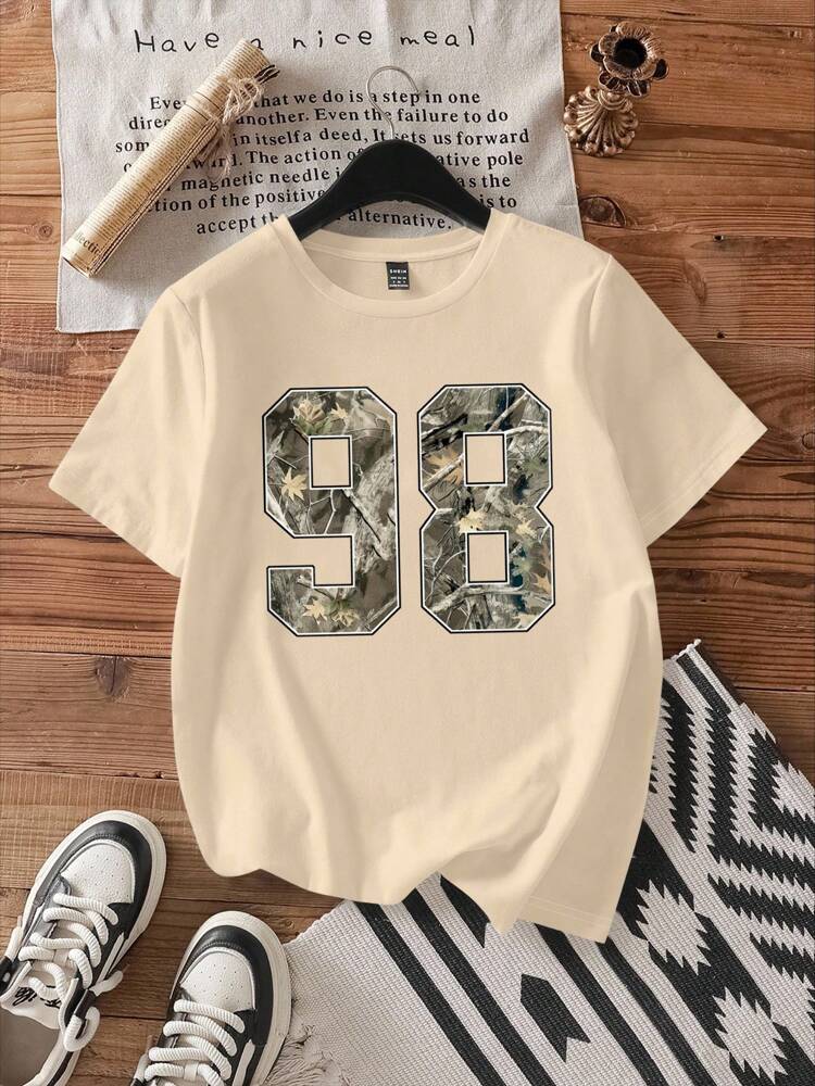 Women's Loose Fit Leaf Print T-Shirt – Casual Round Neck Short Sleeve Summer Top for Back to School and Everyday Outfits