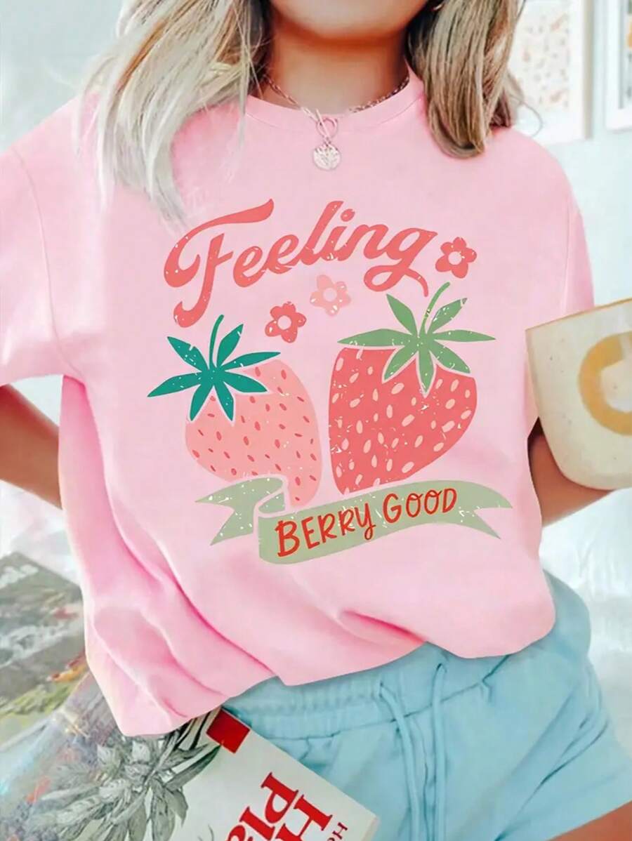 1pc Girls' Strawberry Print Short Sleeve T-Shirt, Soft and Comfortable Summer Top for Students and Tweens, Cute Casual Fashion Tee for Everyday Wear