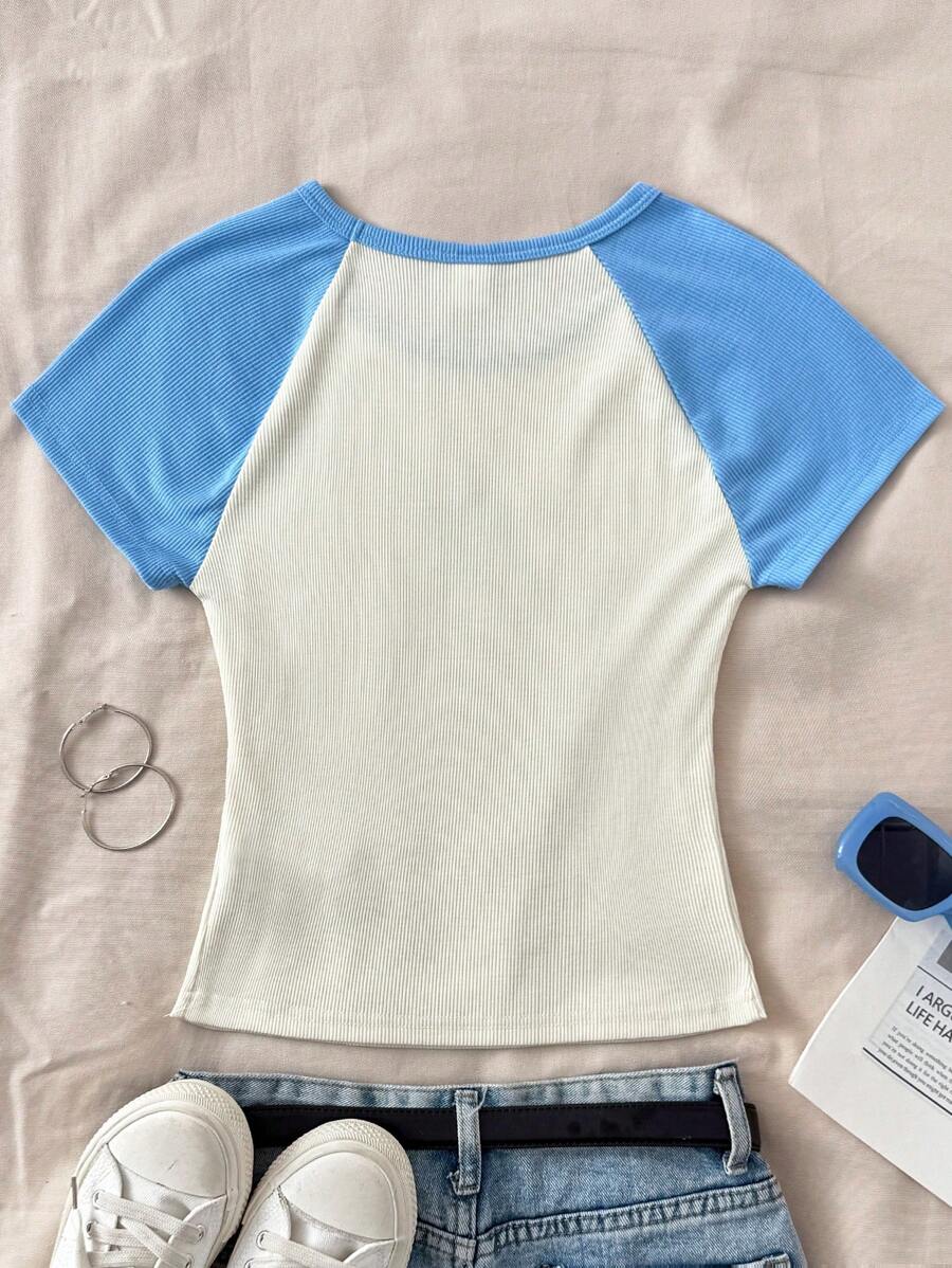 Tween Girls' Casual Color Block Star Print T-Shirt, Minimalist Patchwork Short Sleeve Top for Summer Everyday Wear