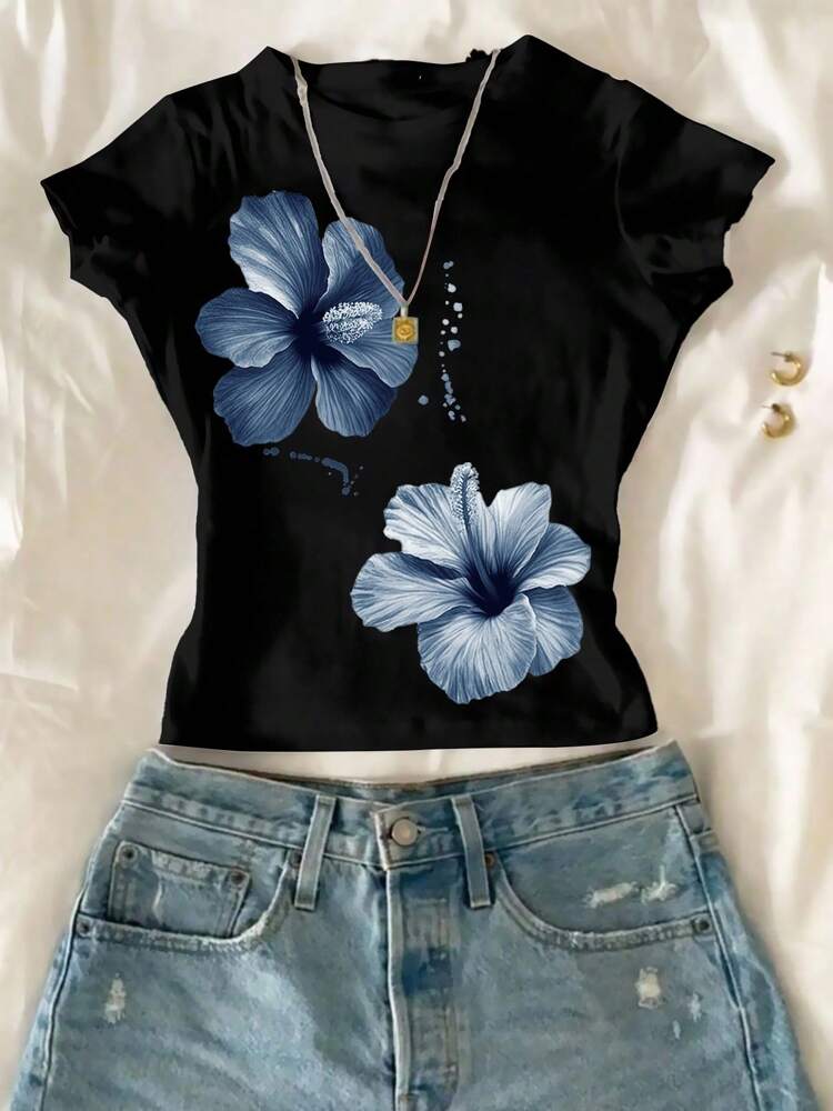 Tween Girls Floral Print Cropped T-Shirt – Fitted Round Neck Short Sleeve Tee for Summer Casual Outfits