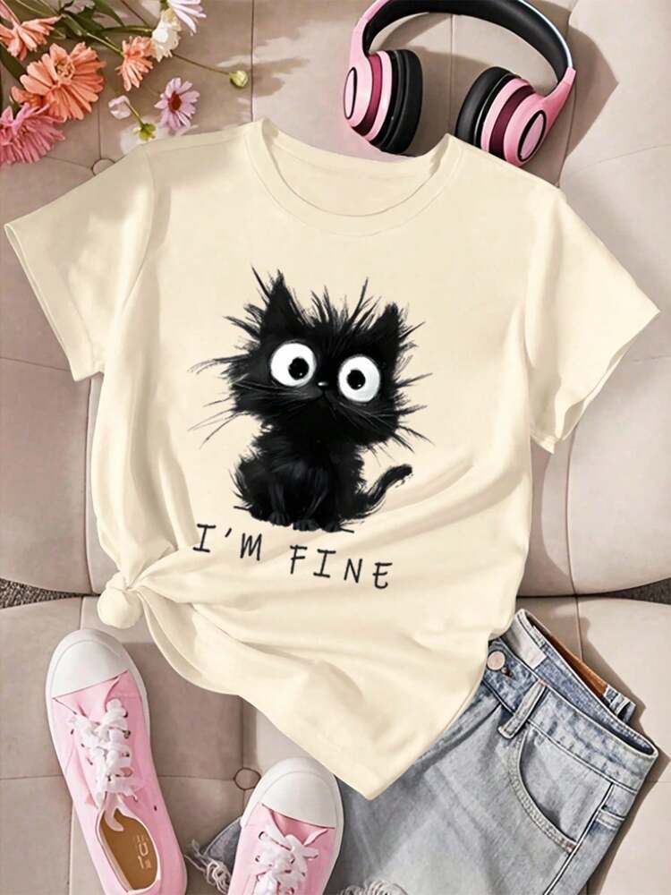 Tween Girls' Minimalist Cat Graphic Short Sleeve T-Shirt, Soft Casual Round Neck Summer Top for School, Campus, and Everyday Wear