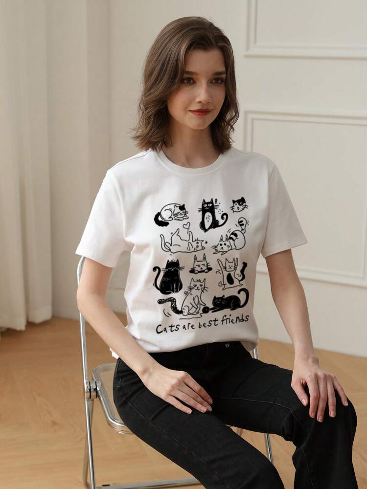 Cute Cat Print Short Sleeve T-Shirt for Girls and Tweens, Colorful Round Neck Pullover Summer Top, Fun Graphic Tee That Brings Joy and Playful Style to Every Child's Wardrobe