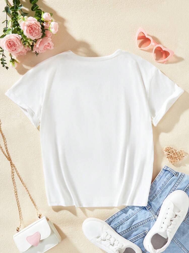 Tween Girls' Double Heart Print T-Shirt, Casual Short Sleeve Round Neck Summer Top for Everyday Wear
