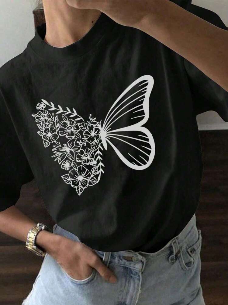 Tween Girls' Butterfly Print Short Sleeve T-Shirt, Soft Round Neck Graphic Summer Top for School, Play, and Everyday Youth Fashion