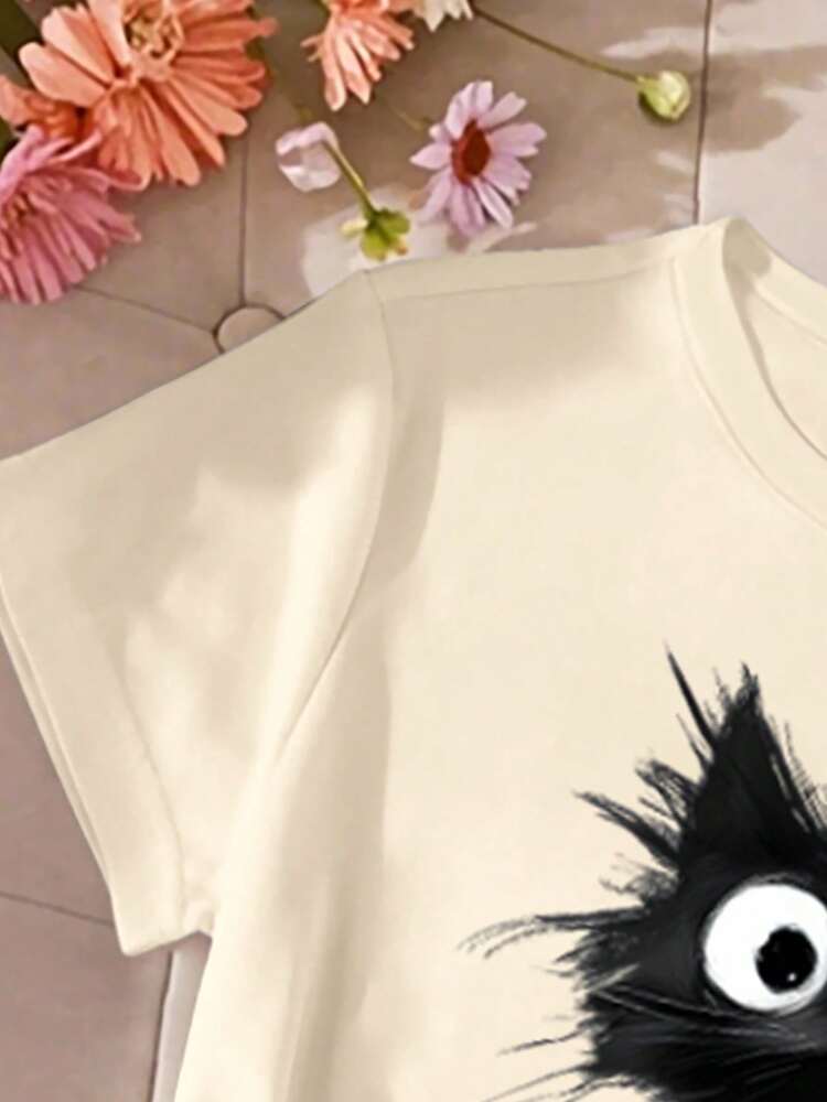 Tween Girls' Minimalist Cat Graphic Short Sleeve T-Shirt, Soft Casual Round Neck Summer Top for School, Campus, and Everyday Wear