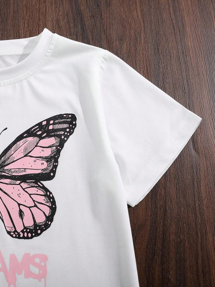 Tween Girls’ Butterfly & Letter Graphic Print T-Shirt – Casual Summer Tee for Students, Soft Lightweight Short Sleeve Top