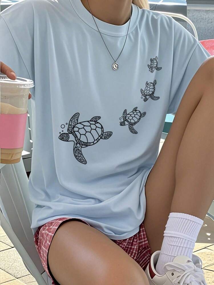 1pc Girls' Graphic Print Short Sleeve T-Shirt, Artistic Swimming Turtle Design, Soft Round Neck Summer Top for Students and Tweens, Fun Youth Tee for Imagination and Self-Expression