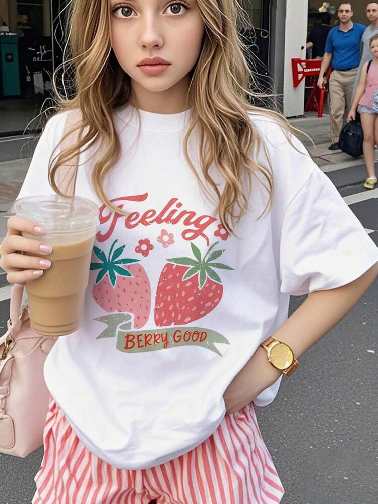 1pc Girls' Strawberry Print Short Sleeve T-Shirt, Soft and Comfortable Summer Top for Students and Tweens, Cute Casual Fashion Tee for Everyday Wear