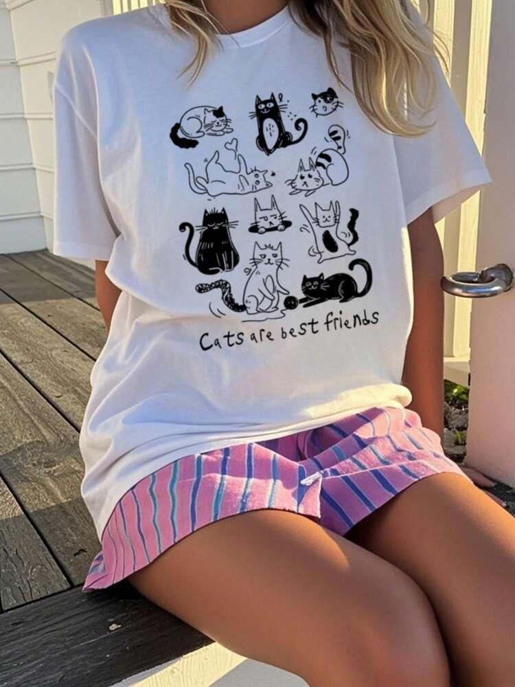 Cute Cat Print Short Sleeve T-Shirt for Girls and Tweens, Colorful Round Neck Pullover Summer Top, Fun Graphic Tee That Brings Joy and Playful Style to Every Child's Wardrobe