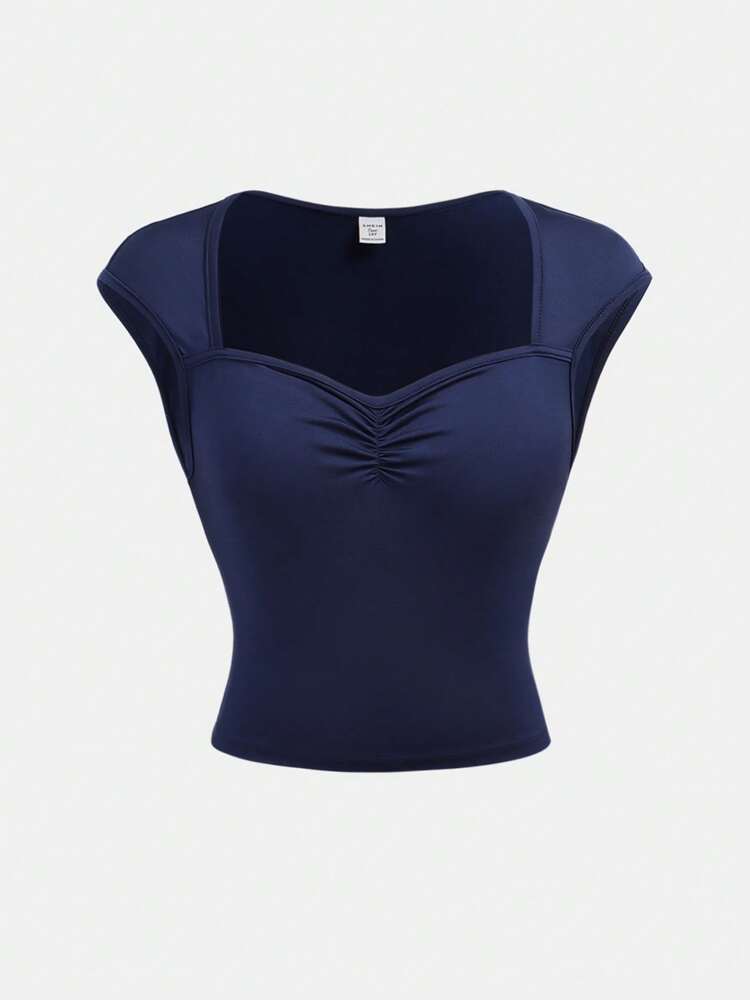 Tween Girls Navy Blue Ruched Bust Raglan Knit Tee – Cap Sleeve Fitted Top for Back to School, Casual Fall Outfits, Family Picnics and Daily Wear
