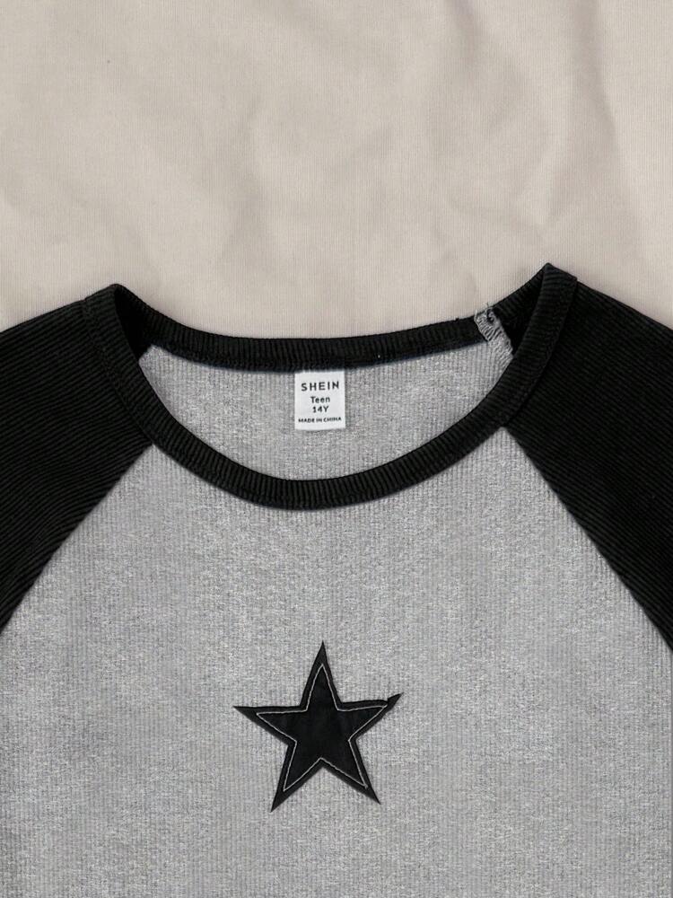 Tween Girls' Casual Color Block Star Print T-Shirt, Minimalist Patchwork Short Sleeve Top for Summer Everyday Wear