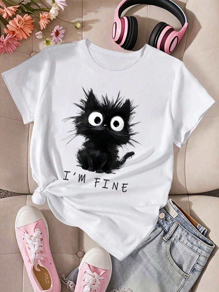 Tween Girls' Minimalist Cat Graphic Short Sleeve T-Shirt, Soft Casual Round Neck Summer Top for School, Campus, and Everyday Wear
