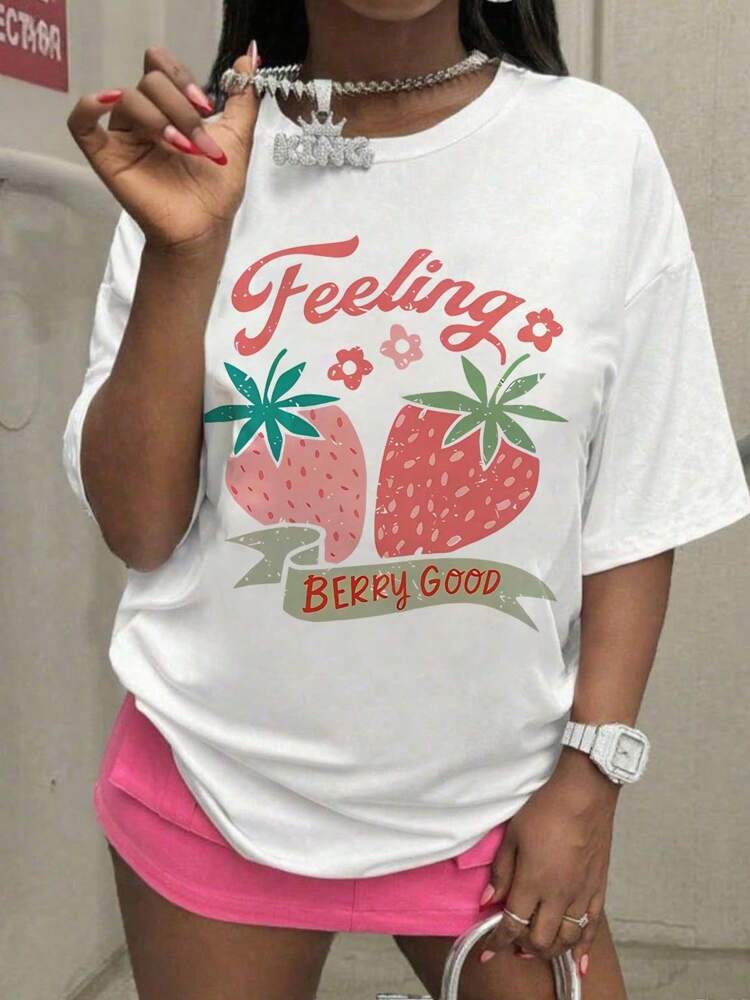 1pc Girls' Strawberry Print Short Sleeve T-Shirt, Soft and Comfortable Summer Top for Students and Tweens, Cute Casual Fashion Tee for Everyday Wear
