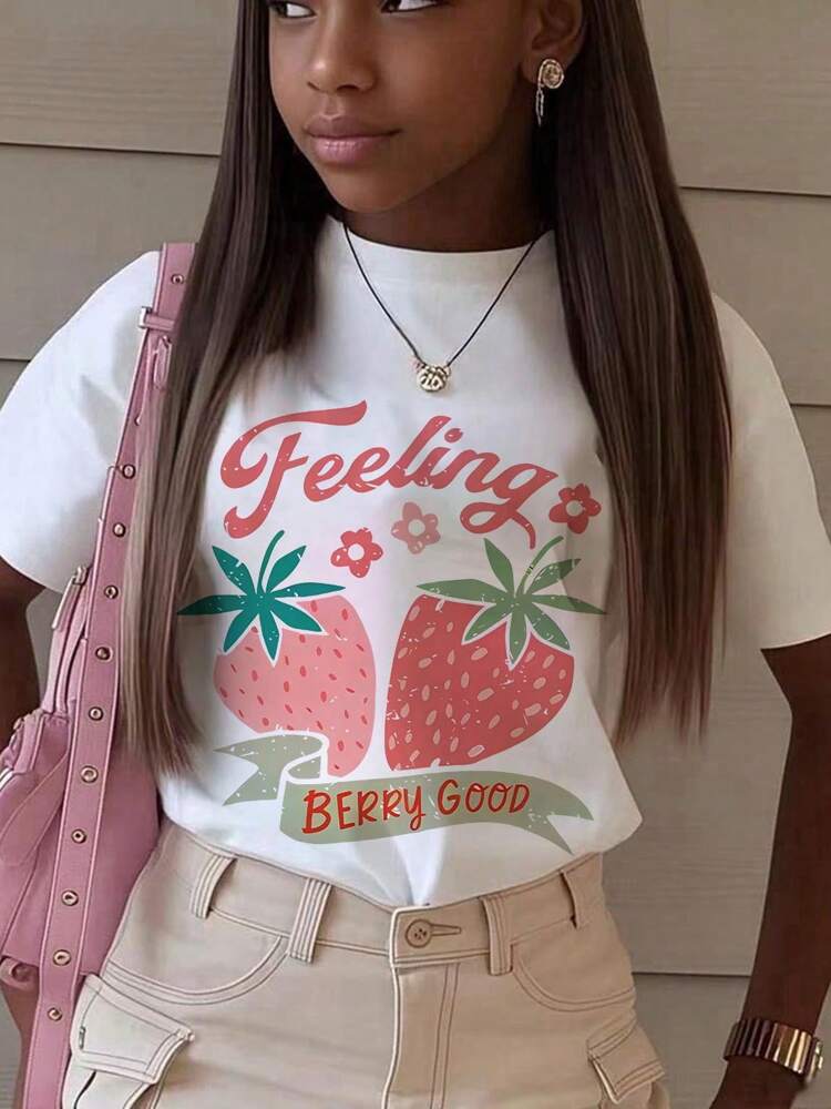 1pc Girls' Strawberry Print Short Sleeve T-Shirt, Soft and Comfortable Summer Top for Students and Tweens, Cute Casual Fashion Tee for Everyday Wear