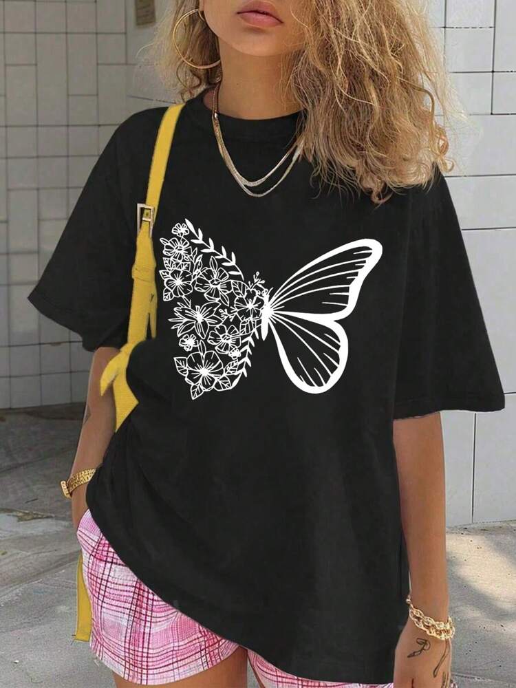 Tween Girls' Butterfly Print Short Sleeve T-Shirt, Soft Round Neck Graphic Summer Top for School, Play, and Everyday Youth Fashion