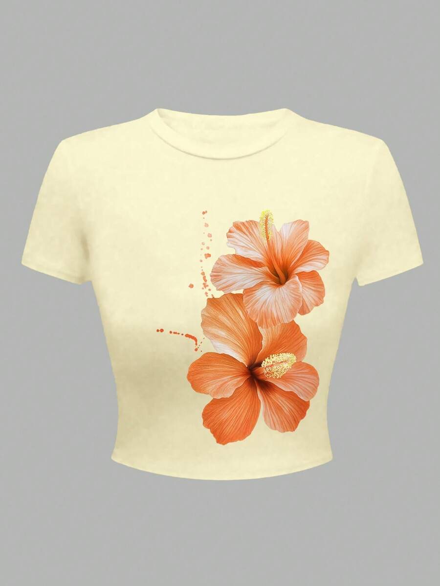 Tween Girls Floral Print Cropped T-Shirt – Fitted Round Neck Short Sleeve Tee for Summer Casual Outfits
