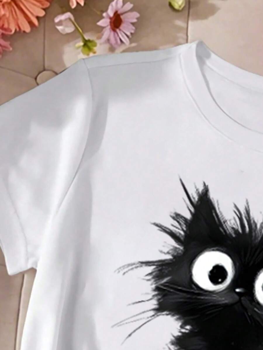 Tween Girls' Minimalist Cat Graphic Short Sleeve T-Shirt, Soft Casual Round Neck Summer Top for School, Campus, and Everyday Wear