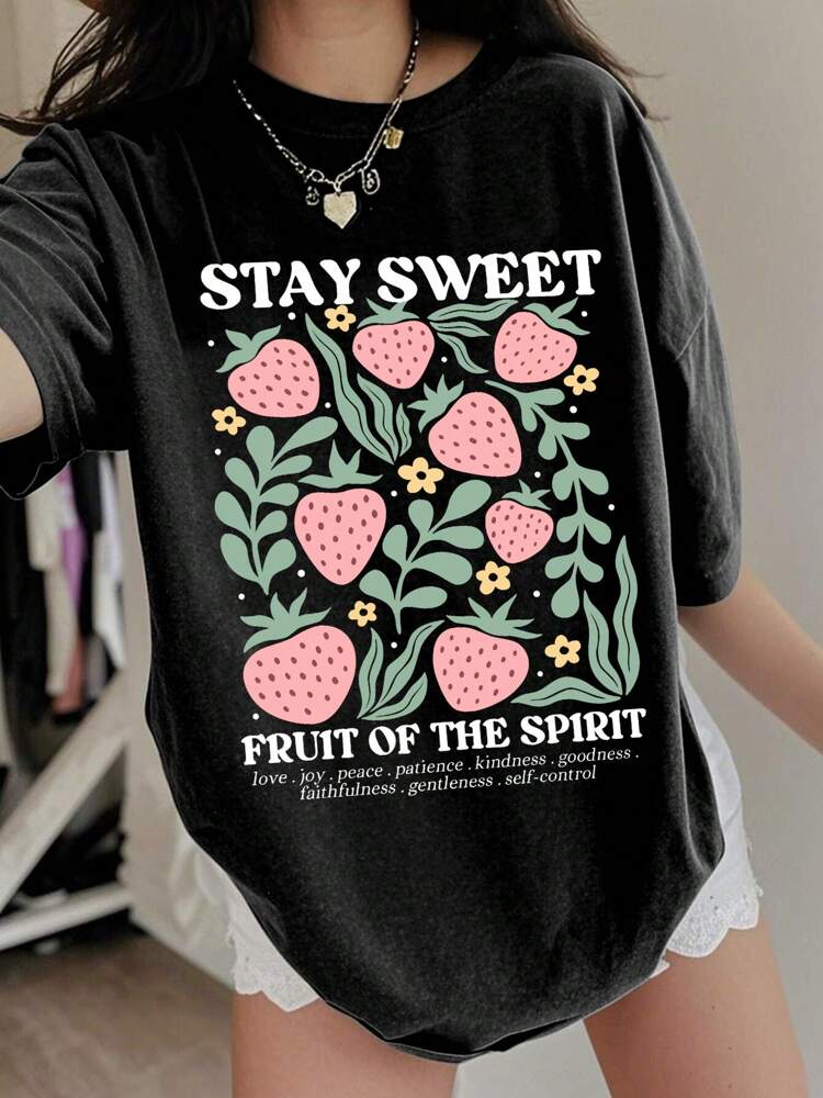 Cute Strawberry Floral Print Loose Fit Tee for Teen Girls, Soft Lightweight Summer Short Sleeve T-Shirt, Kawaii Casual Daily Top, Y2K Girlcore Aesthetic Shirt