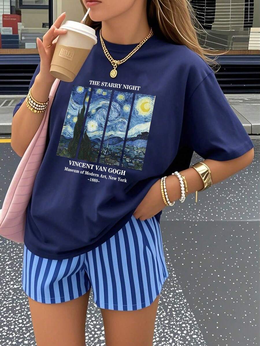 1pc Star Print Short Sleeve T-Shirt for Teen Girls, Soft and Stylish Summer Top for School, Casual Wear, and Everyday Comfort