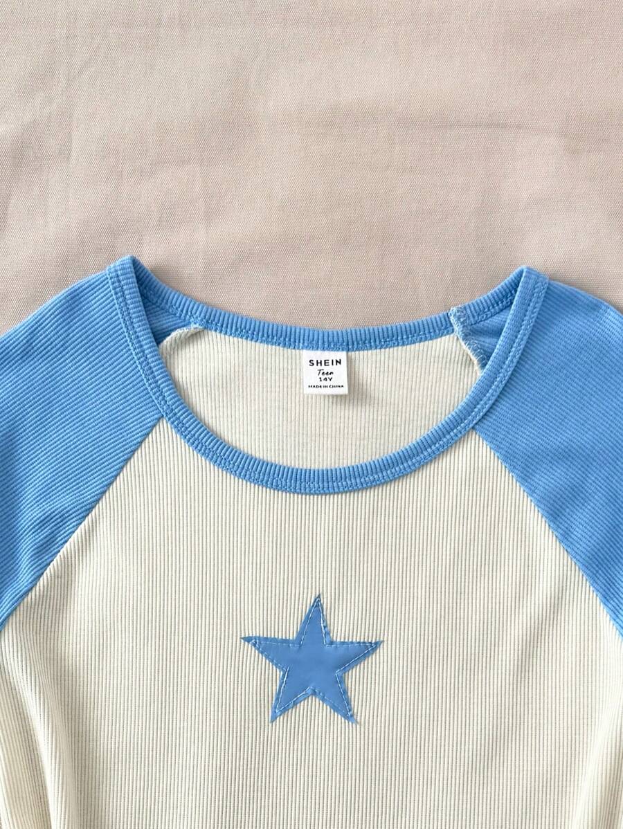Tween Girls' Casual Color Block Star Print T-Shirt, Minimalist Patchwork Short Sleeve Top for Summer Everyday Wear