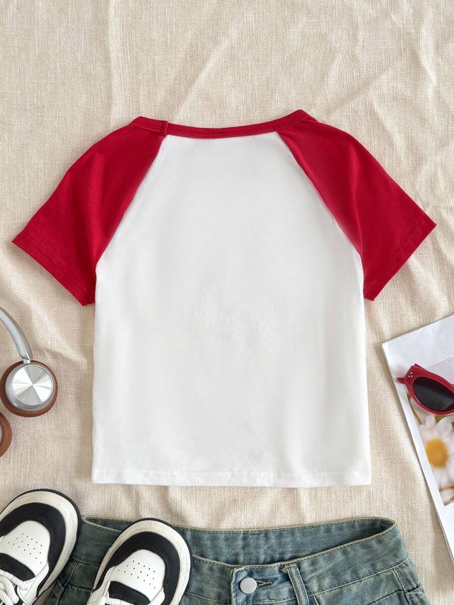 Tween Girls' Casual Color Block Star Print T-Shirt, Minimalist Patchwork Short Sleeve Top for Summer Everyday Wear