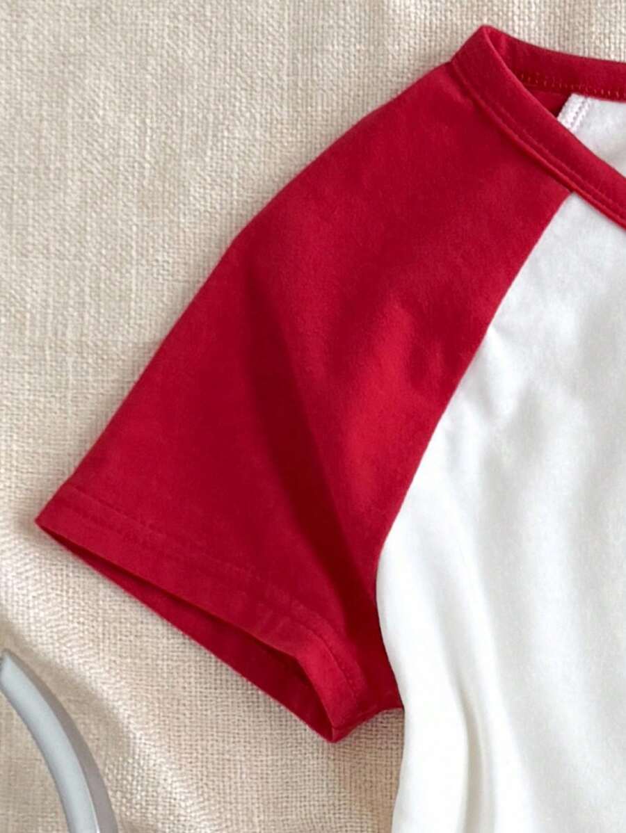Tween Girls' Casual Color Block Star Print T-Shirt, Minimalist Patchwork Short Sleeve Top for Summer Everyday Wear