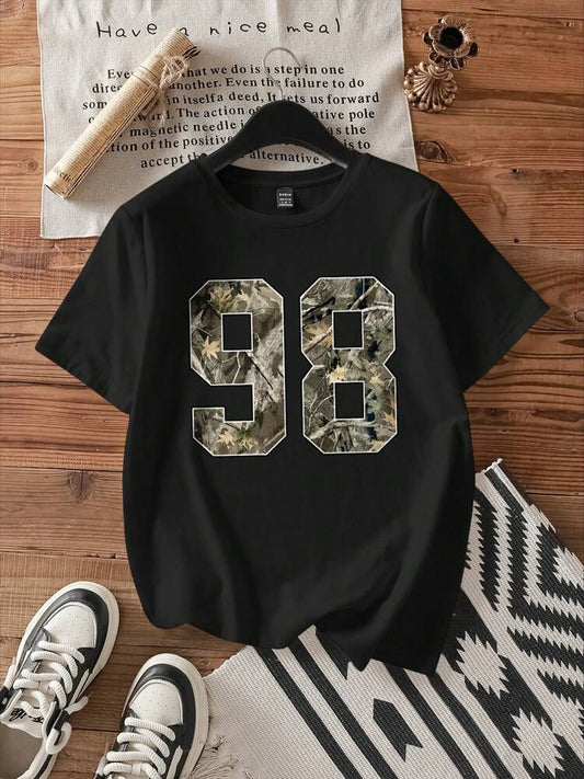 Women's Loose Fit Leaf Print T-Shirt – Casual Round Neck Short Sleeve Summer Top for Back to School and Everyday Outfits