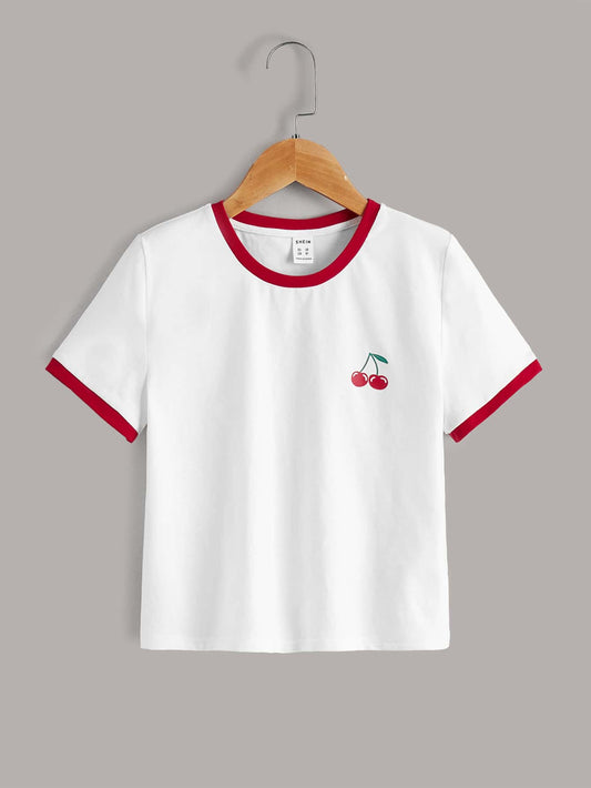 Tween Girls' Cherry Print T-Shirt with Contrast Trim, Casual Summer Short Sleeve Top for Everyday Wear