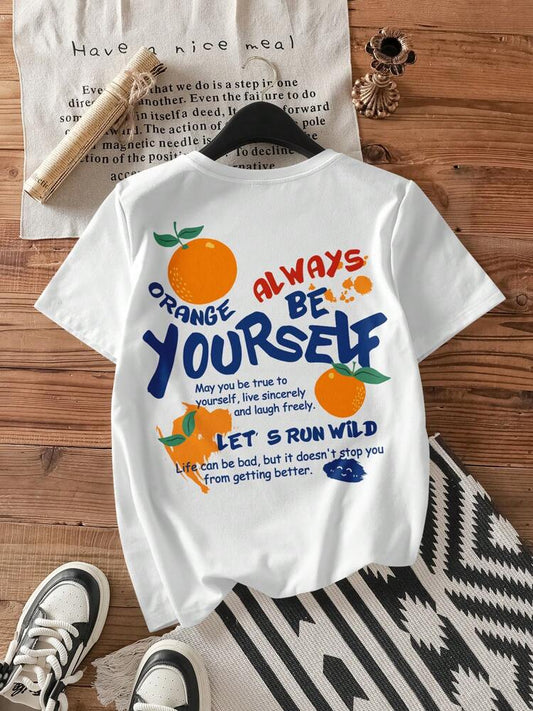 Women's White Graffiti Text Print Fitted T-Shirt – Round Neck Short Sleeve Cotton Blend Summer Top for Casual Outings