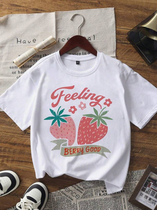 1pc Girls' Strawberry Print Short Sleeve T-Shirt, Soft and Comfortable Summer Top for Students and Tweens, Cute Casual Fashion Tee for Everyday Wear