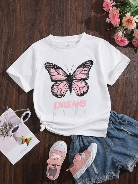 Tween Girls’ Butterfly & Letter Graphic Print T-Shirt – Casual Summer Tee for Students, Soft Lightweight Short Sleeve Top