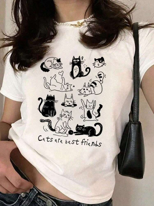 Cute Cat Print Short Sleeve T-Shirt for Girls and Tweens, Colorful Round Neck Pullover Summer Top, Fun Graphic Tee That Brings Joy and Playful Style to Every Child's Wardrobe