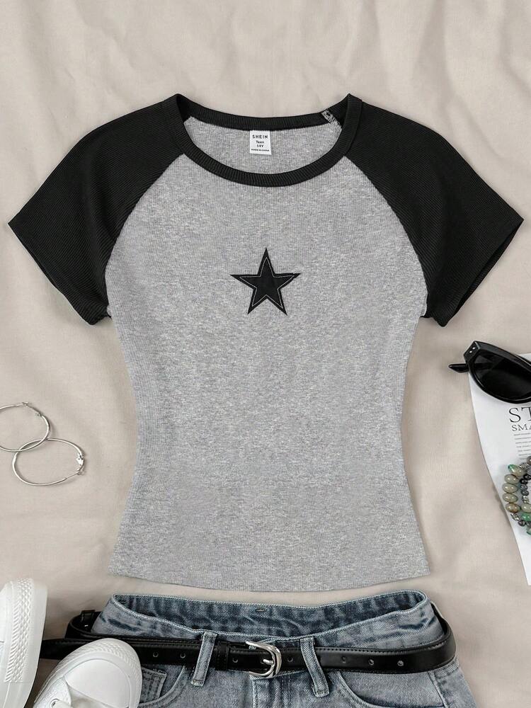 Tween Girls' Casual Color Block Star Print T-Shirt, Minimalist Patchwork Short Sleeve Top for Summer Everyday Wear