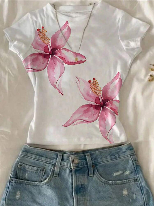 Women's Floral Print Fitted T-Shirt – Casual Short Sleeve Crew Neck Summer Top for Vacation, Going Out, and Daily Wear