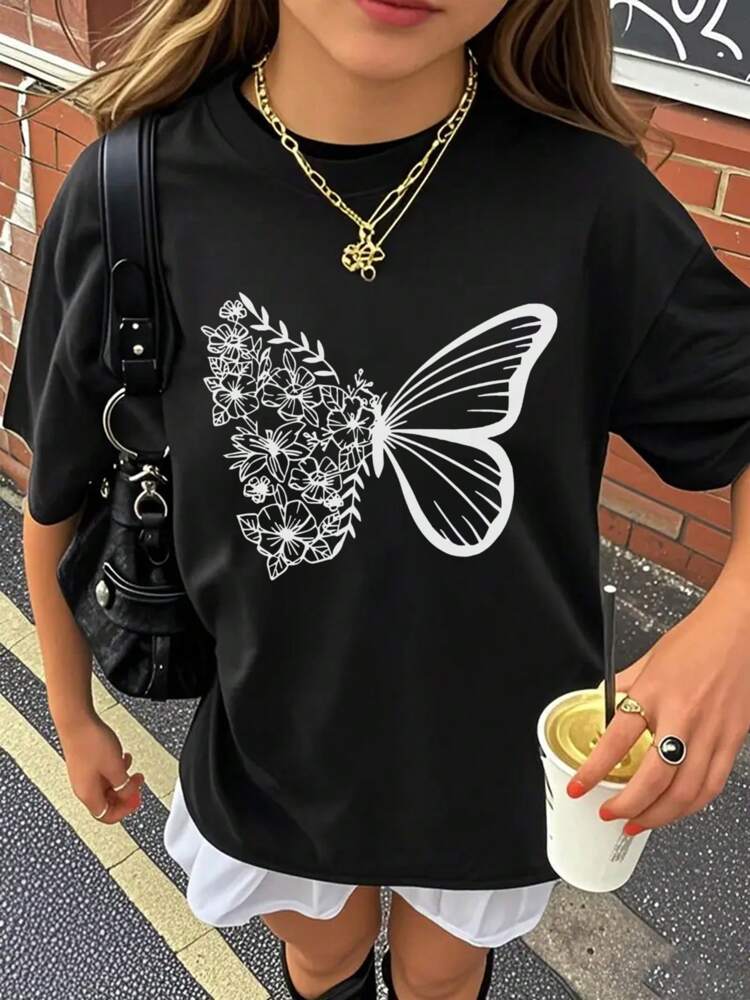 Tween Girls' Butterfly Print Short Sleeve T-Shirt, Soft Round Neck Graphic Summer Top for School, Play, and Everyday Youth Fashion