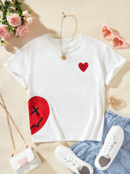 Tween Girls' Double Heart Print T-Shirt, Casual Short Sleeve Round Neck Summer Top for Everyday Wear
