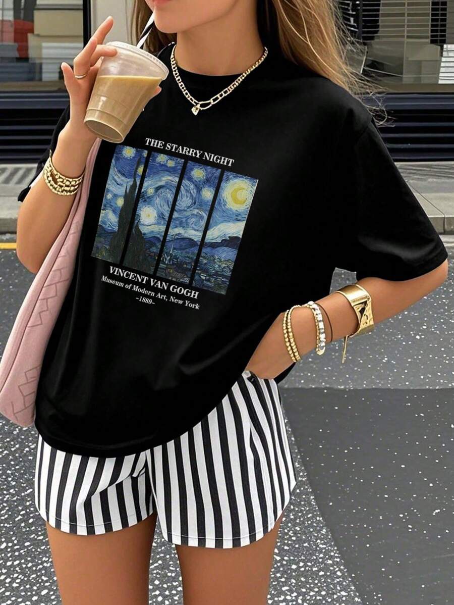 1pc Star Print Short Sleeve T-Shirt for Teen Girls, Soft and Stylish Summer Top for School, Casual Wear, and Everyday Comfort