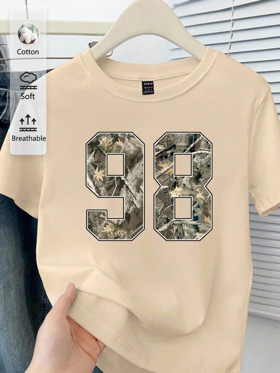 Women's Loose Fit Leaf Print T-Shirt – Casual Round Neck Short Sleeve Summer Top for Back to School and Everyday Outfits