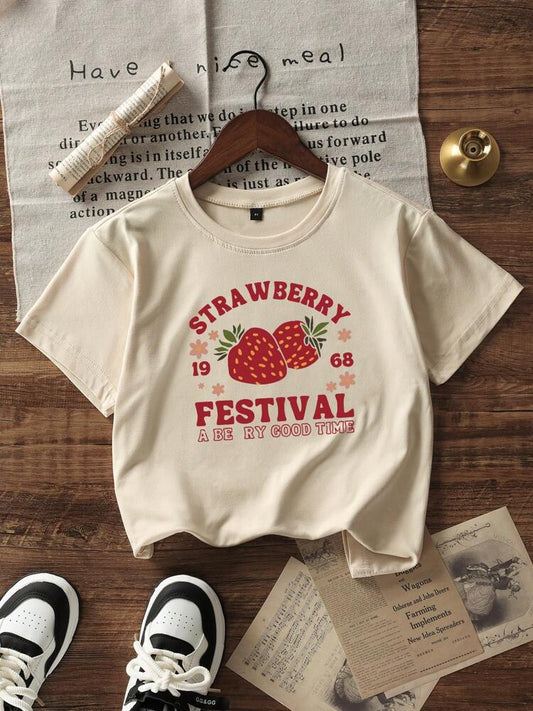 Girls Teens Students Casual Apricot Graphic T-Shirt, Lightweight Round Neck Short Sleeve Summer Top