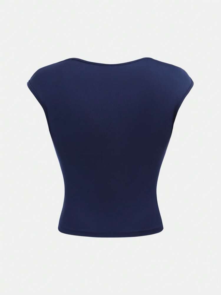 Tween Girls Navy Blue Ruched Bust Raglan Knit Tee – Cap Sleeve Fitted Top for Back to School, Casual Fall Outfits, Family Picnics and Daily Wear