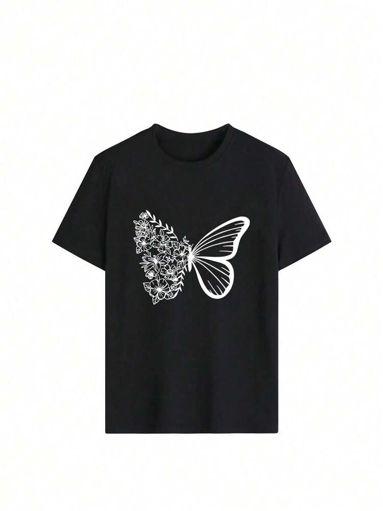 Tween Girls' Butterfly Print Short Sleeve T-Shirt, Soft Round Neck Graphic Summer Top for School, Play, and Everyday Youth Fashion