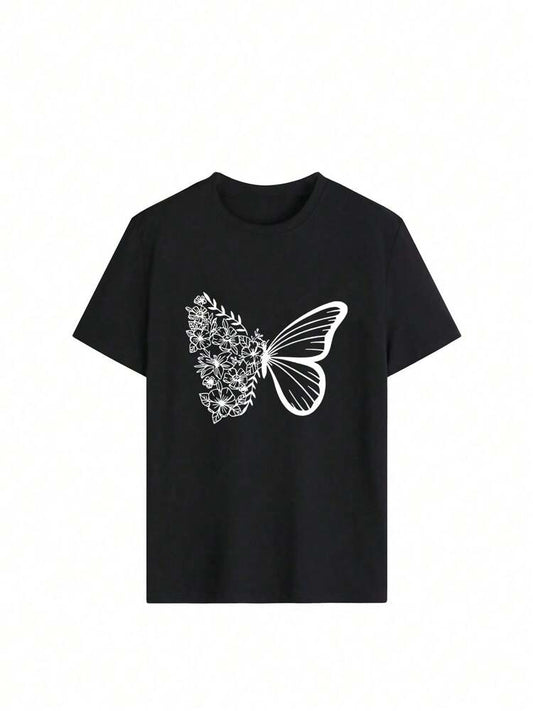 Tween Girls' Butterfly Print Short Sleeve T-Shirt, Soft Round Neck Graphic Summer Top for School, Play, and Everyday Youth Fashion