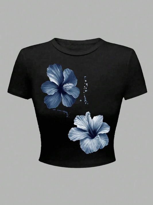 Tween Girls Floral Print Cropped T-Shirt – Fitted Round Neck Short Sleeve Tee for Summer Casual Outfits