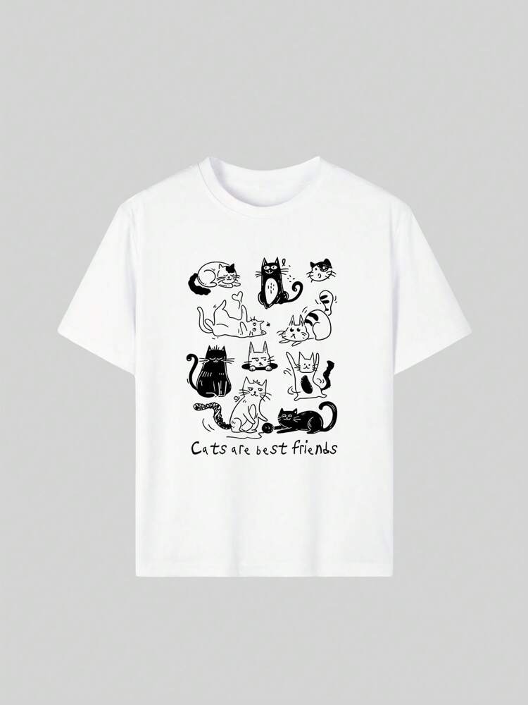 Cute Cat Print Short Sleeve T-Shirt for Girls and Tweens, Colorful Round Neck Pullover Summer Top, Fun Graphic Tee That Brings Joy and Playful Style to Every Child's Wardrobe