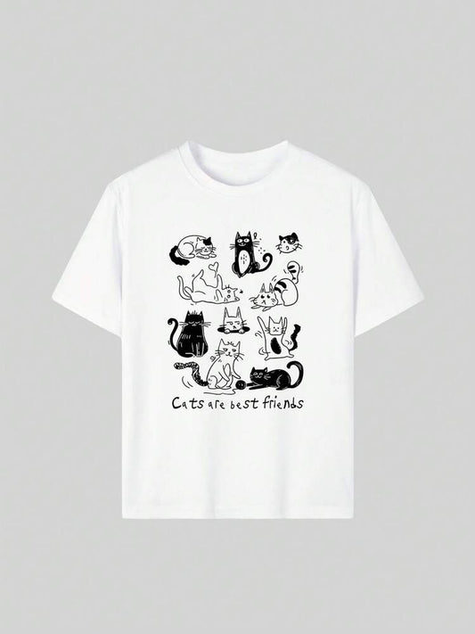Cute Cat Print Short Sleeve T-Shirt for Girls and Tweens, Colorful Round Neck Pullover Summer Top, Fun Graphic Tee That Brings Joy and Playful Style to Every Child's Wardrobe