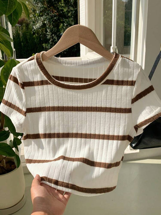 Women's Ribbed Crew Neck T-Shirt, Minimalist Casual Short Sleeve Top for Everyday Summer Outfits