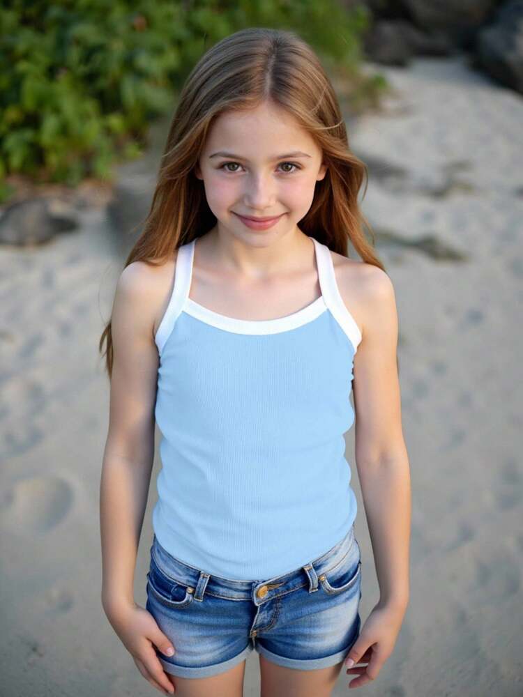 Tween Girls Minimalist Contrast Color Camisole Top – Versatile Sleeveless Summer Tank for Casual Everyday Outfits and Layering