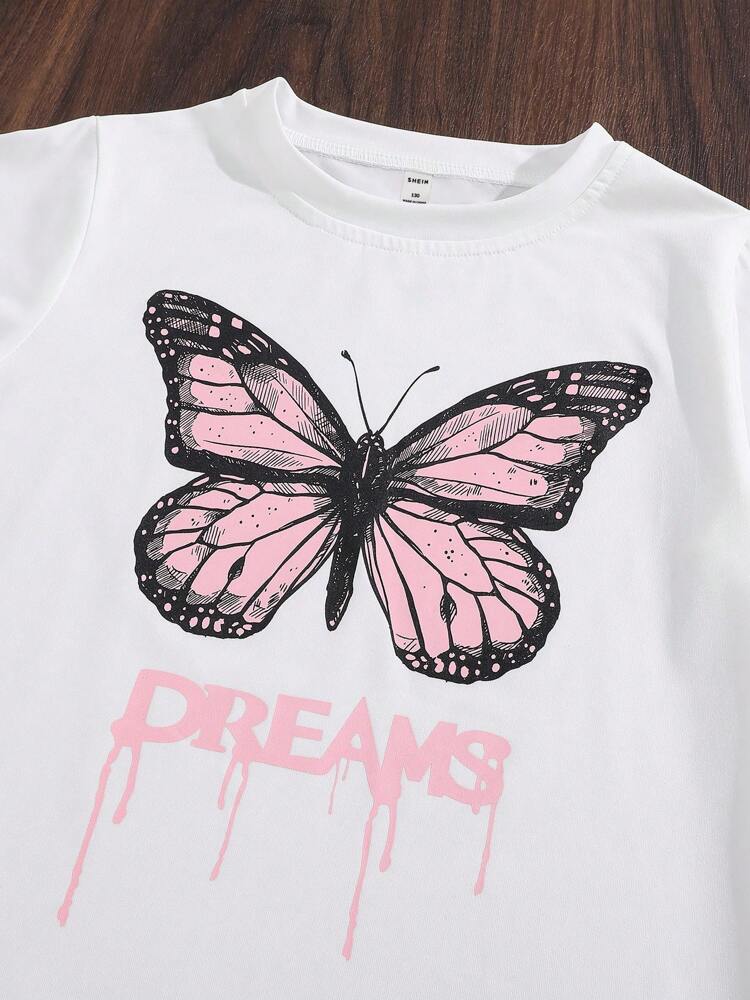 Tween Girls’ Butterfly & Letter Graphic Print T-Shirt – Casual Summer Tee for Students, Soft Lightweight Short Sleeve Top