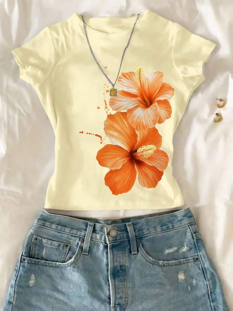 Tween Girls Floral Print Cropped T-Shirt – Fitted Round Neck Short Sleeve Tee for Summer Casual Outfits