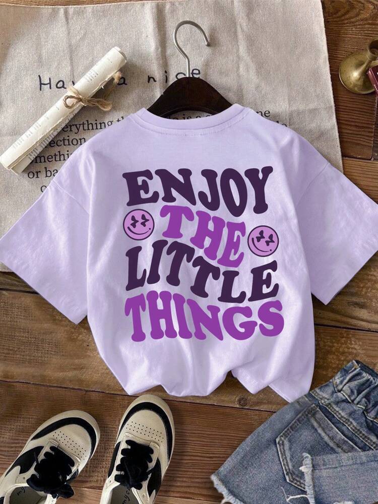 Tween Girls' Minimalist Letter Print Short Sleeve T-Shirt, Lightweight Casual Summer Top, Stylish Back Graphic Tee for School and Everyday Wear